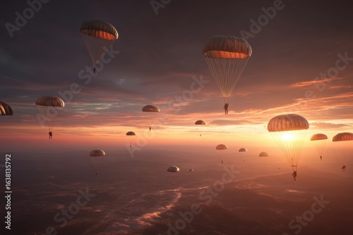 Paratroopers jumping from transport aircraft into war zone, colorful round parachutes against dawn sky.