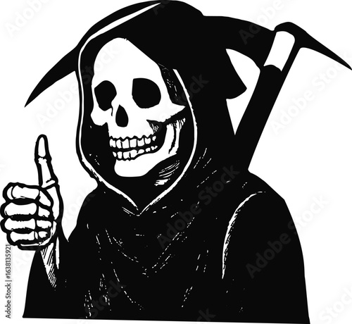 Grim Reaper Skeleton With Scythe Giving Thumbs Up Black And White death halloween