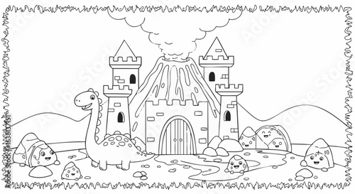 Cute dinosaur at a fairytale castle with an erupting volcano. Black and white vector coloring page for children's activity.