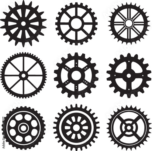 Collection of black gear wheel silhouettes