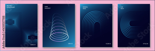 Abstract line wave gradient poster background vector set. Minimalist cover template with vibrant perspective line wave in motion. Ideal design x ray of a human brain