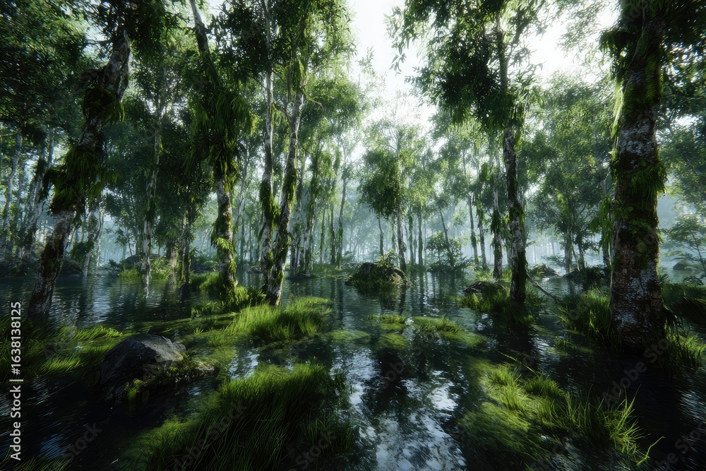 Fototapeta premium Lush forest, tranquil swamp, sunlight filtering