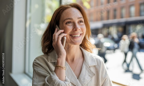 Happy Woman on Phone Call in City