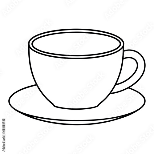 Clean line art illustration of a classic tea cup and saucer perfect for beverage branding and cafe decor