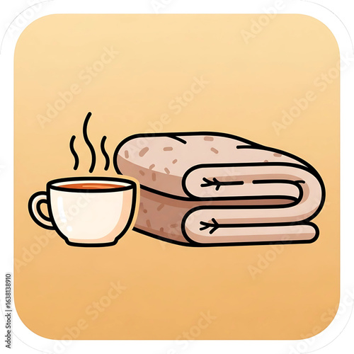 Stylized coffee break illustration with warm beverage and folded linen on a comforting light brown backdrop evoking relaxation and simple pleasures