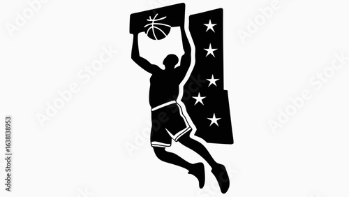 Silhouette of basketball player dunking with stars and stripes background in black and white design