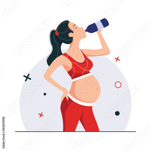 regnant Woman Drinking Water While Exercising, Prenatal Fitness Illustration