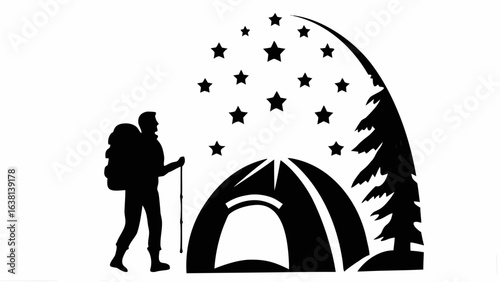 Silhouette of a hiker with backpack and trekking pole near tent under stars and a pine tree design is here