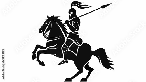 Silhouette of a knight in armor riding a rearing horse and holding a spear in a black and white image