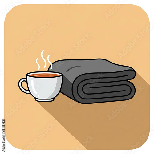 Minimalist Cozy Illustration: Warm Beverage and Folded Soft Blanket Depicting Comfort and Relaxation, Promotes a sense of peace