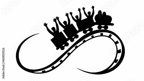 Silhouette of a roller coaster with people raising their hands going down a steep loop in black and white style