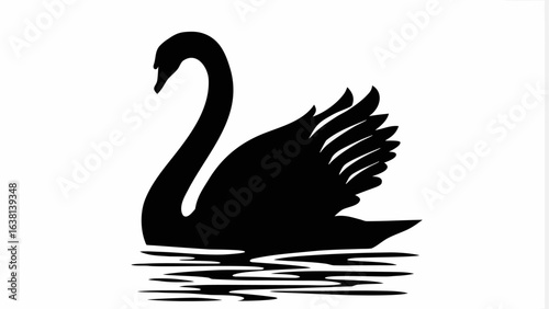 Silhouette of a black swan gracefully gliding on water with its wings partially raised elegantly