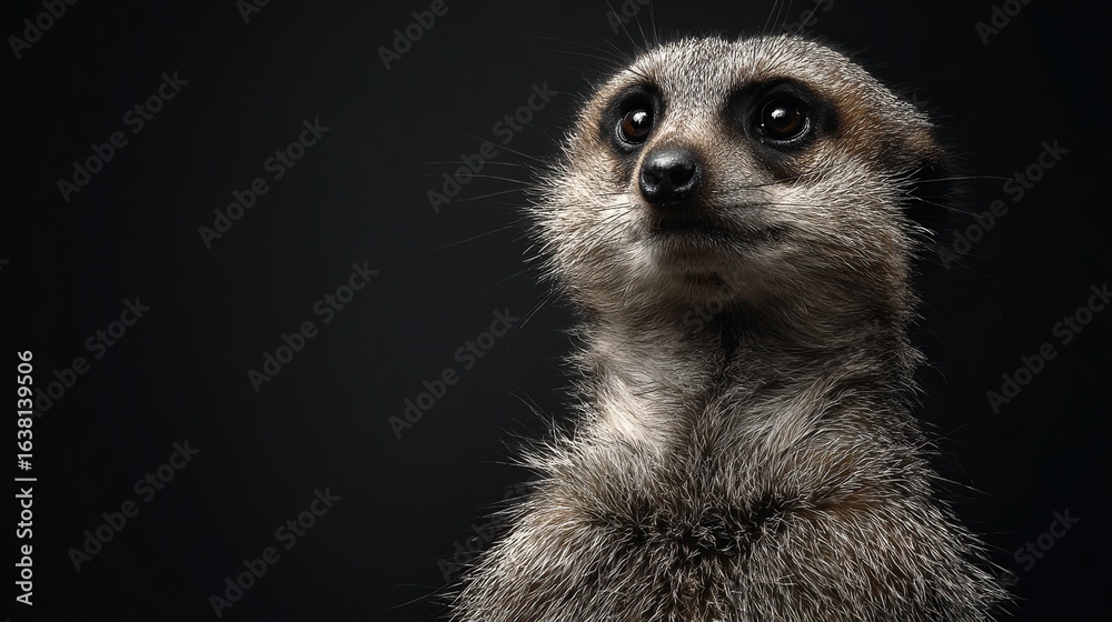 Fototapeta premium Close-up of a meerkat, looking upward against a dark background
