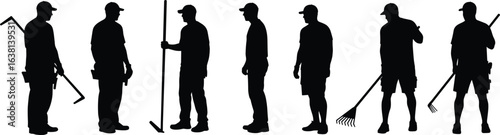 Construction worker silhouettes, men holding tools, standing poses, rakes, crowbars, industrial labor, maintenance, outdoor work, black vector icons, work equipment