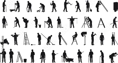 Construction worker silhouettes, industrial labor poses, men working with tools, ladder, broom, shovel, teamwork, maintenance, building, repair, black vector icons