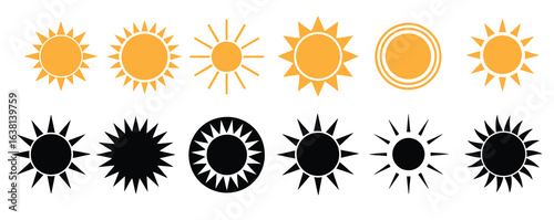 Sun icon set. Yellow ands black sun icons. Shine sun ray set. Sunset icon collection. Yellow sun star icons.Sun icon set. Yellow ands black sun icons. Shine sun ray set. Sunset icon collection.