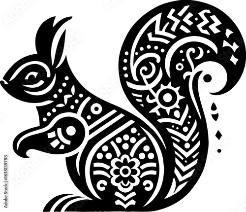 Squirrel Solid Black Color Vector Silhouette in Mexican Folk Art Style