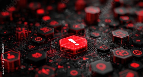 Red exclamation point on a dark tech grid