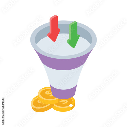 A clean isometric icon of sales funnel with coins