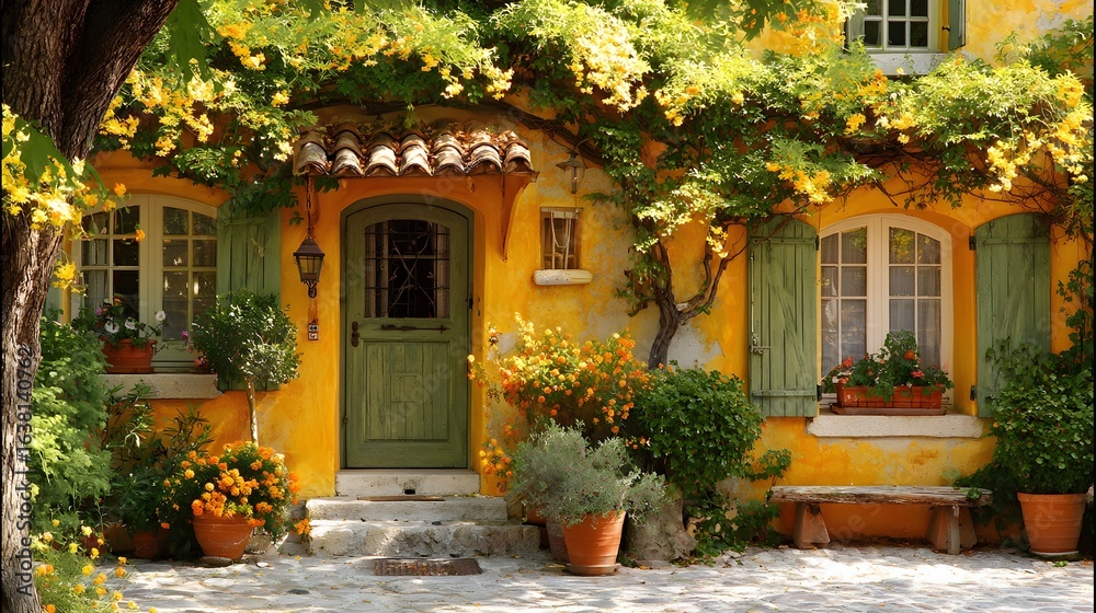 Obraz premium A charming, yellow house with lush greenery and a peaceful atmosphere.