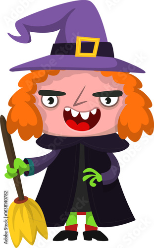 Cute cartoon witch character design. Halloween vector illustration of red haired  witch lady in big hat with a broom. 