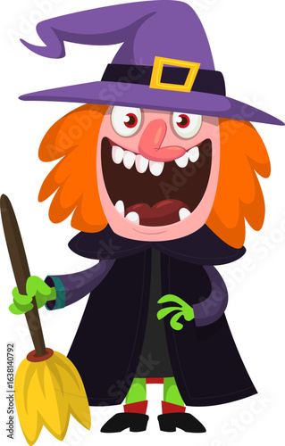 Cute cartoon witch character design. Halloween vector illustration of red haired  witch lady in big hat with a broom. 