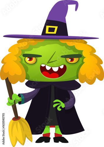 Cute cartoon witch character design. Halloween vector illustration of red haired  witch lady in big hat with a broom. 