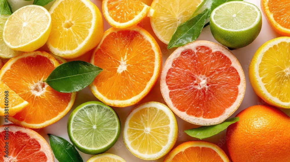 Fototapeta premium Assortment of whole and halved citrus fruits including oranges, lemons, and limes on a white surface