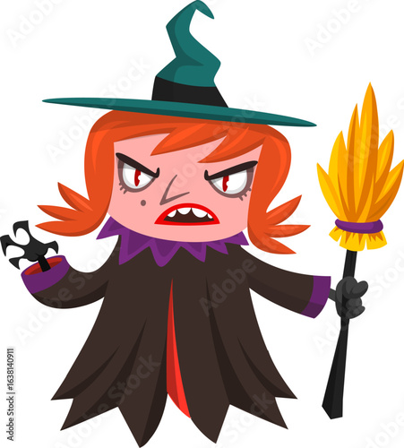 Cute cartoon witch character design. Halloween vector illustration of red haired  witch lady in big hat with a broom. 