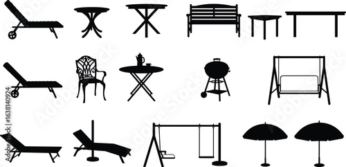 Outdoor furniture silhouettes, garden chairs, patio tables, sun loungers, umbrellas, bench, swing, barbecue grill, backyard, relaxation, decorative, vector icons