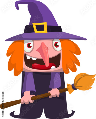 Cute cartoon witch character design. Halloween vector illustration of red haired  witch lady in big hat with a broom. 