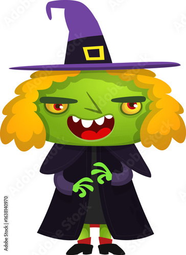 Cute cartoon witch character design. Halloween vector illustration of red haired  witch lady in big hat with a broom. 