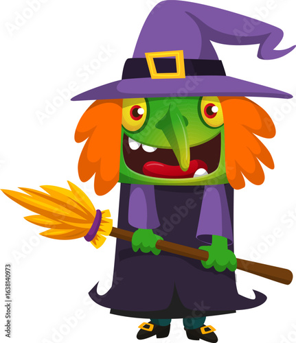 Cute cartoon witch character design. Halloween vector illustration of red haired  witch lady in big hat with a broom. 