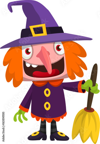 Cute cartoon witch character design. Halloween vector illustration of red haired  witch lady in big hat with a broom. 