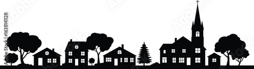 Silhouette of village houses with trees and church tower, peaceful rural landscape scene, black and white flat vector illustration