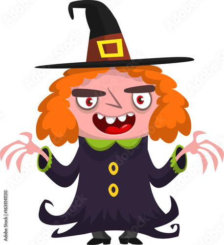 Cute cartoon witch character design. Halloween vector illustration of red haired  witch lady in big hat with a broom. 