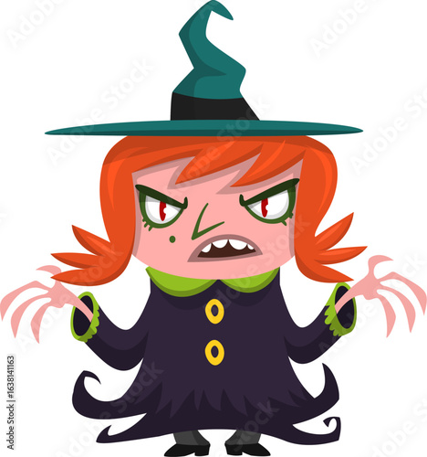 Cute cartoon witch character design. Halloween vector illustration of red haired  witch lady in big hat with a broom. 