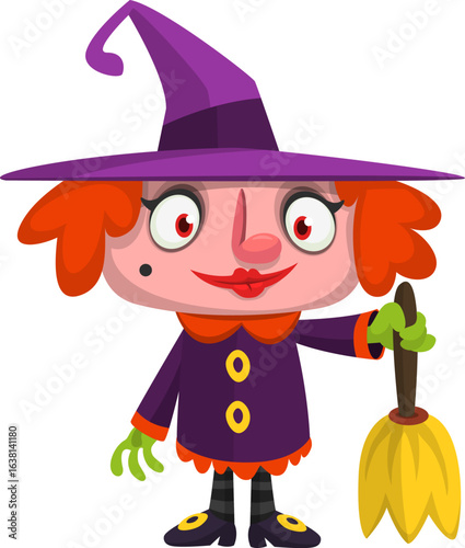 Cute cartoon witch character design. Halloween vector illustration of red haired  witch lady in big hat with a broom. 