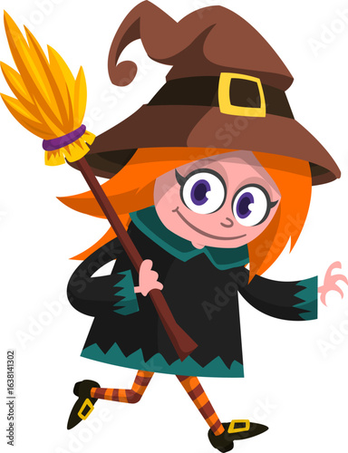 Cute cartoon witch character design. Halloween vector illustration of red haired  witch lady in big hat with a broom. 