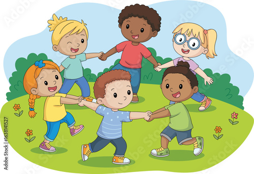 Cartoon kids playing together in park, happy children holding hands in circle, outdoor fun, childhood friendship, summer activity illustration