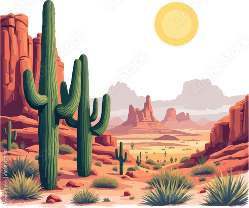 Vsai monument valley in arizona with saguaro and red rocks formations during sunny day