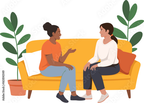 Two women talking on a sofa, friendly conversation, cozy living room scene, casual discussion, modern home interior, emotional connection