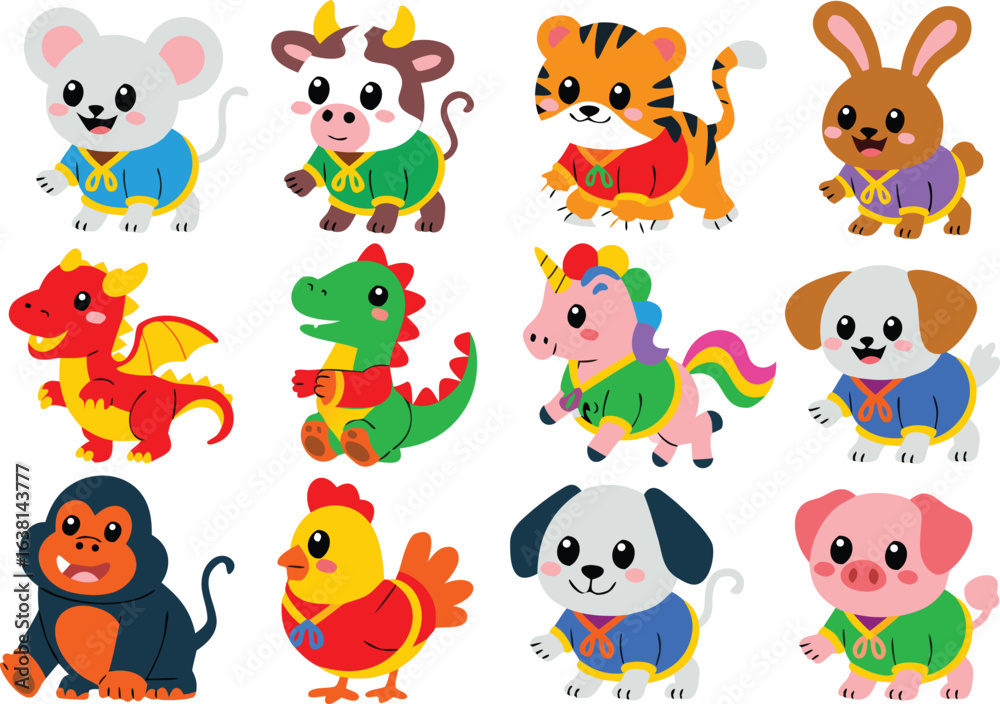 Obraz premium Adorable Cartoon Animals Wearing Matching Clothes Mouse, Cow, Tiger, Rabbit, Dragon, Unicorn, Dog, Pig