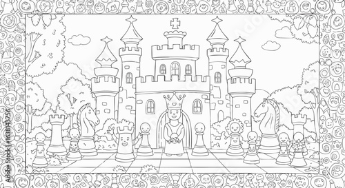 Fantasy chess kingdom scene with a king piece before a large castle, a black and white vector line art for coloring