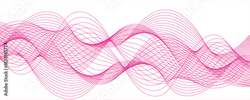 Abstract, digital-style background with series intertwined, flowing waveforms made of smooth, fine aqua pink lines. Modern art, technology, motion graphics.Wave lines for banners,