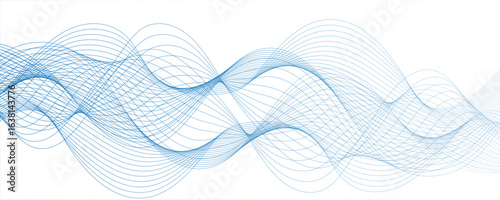 Abstract, digital-style background with series intertwined, flowing waveforms made of smooth, fine aqua blue lines. Modern art, technology, motion graphics.Wave lines for banners,