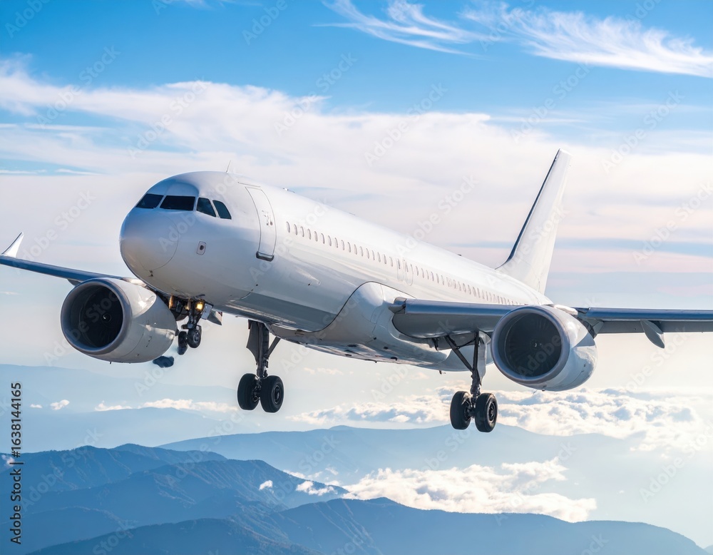 Obraz premium White Airplane In Flight Over Clouds And Mountains