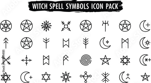 A collection of various witch spell symbols and icons in a vector format
