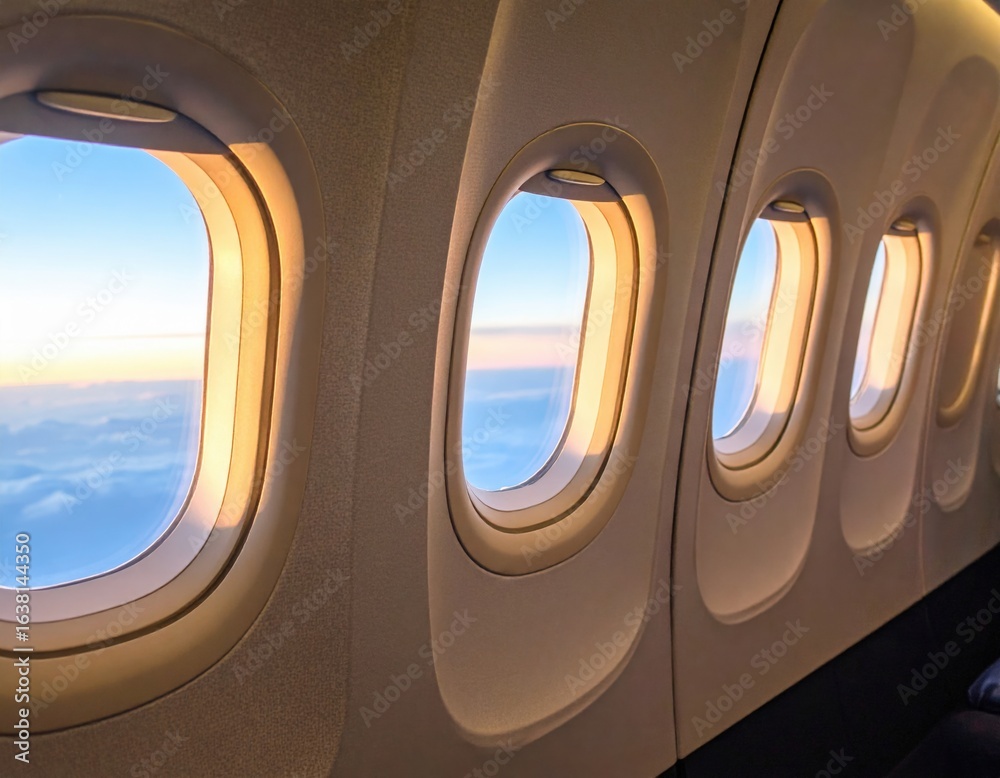 Naklejka premium Airplane Window View Of Sunrise Or Sunset