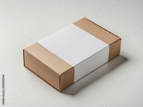 Cardboard box with a blank white paper sleeve for branding. Packaging mockup for a gift or shipping product.